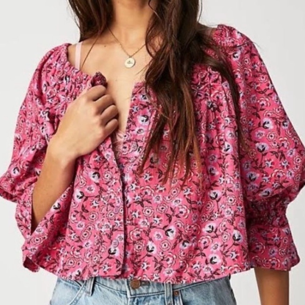 Free People Pink Floral Smocked Crop Top